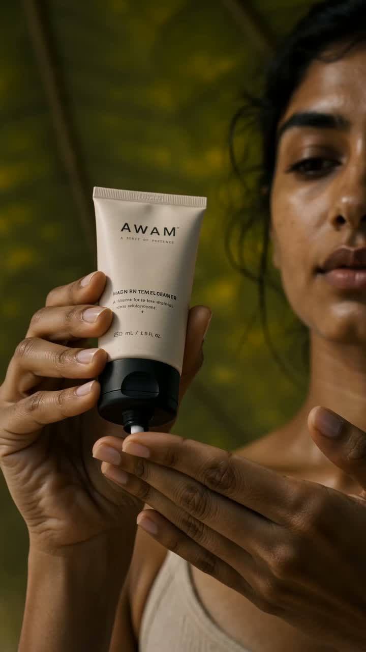 Smoothing cleanser into the cheek beneath a giant leaf canopy at dusk