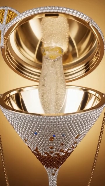 A sculptural cocktail glass suspended with citrus, olives, and ice