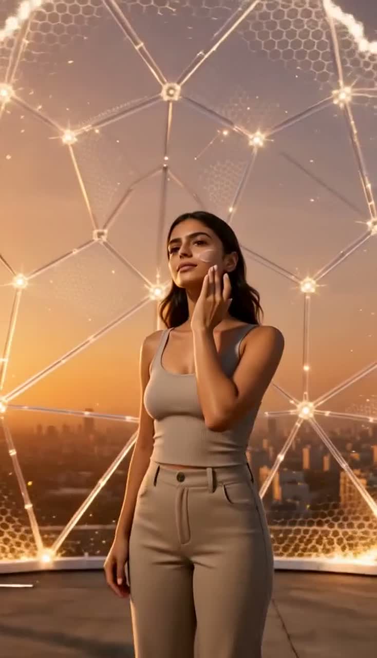 A model inside a glowing geodesic sun-shield as day turns to night