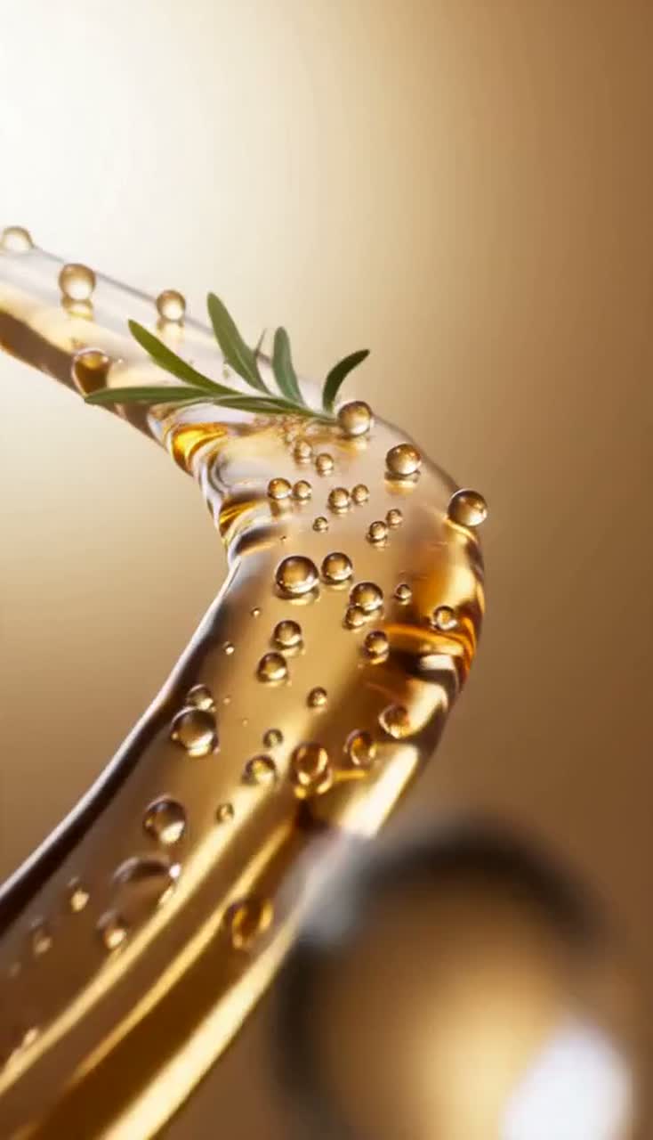 Golden serum droplets and a rosemary sprig framing a sunscreen tube