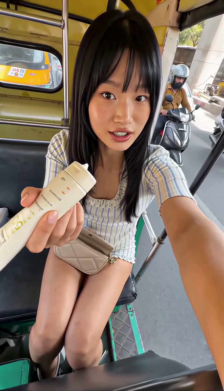 Pulling a sunscreen tube from her bag inside a moving auto-rickshaw
