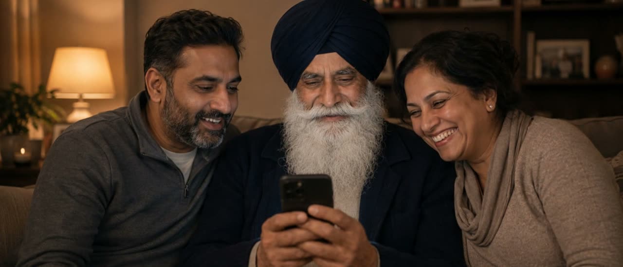 A diaspora donor and his family lean in together over his phone, smiling.