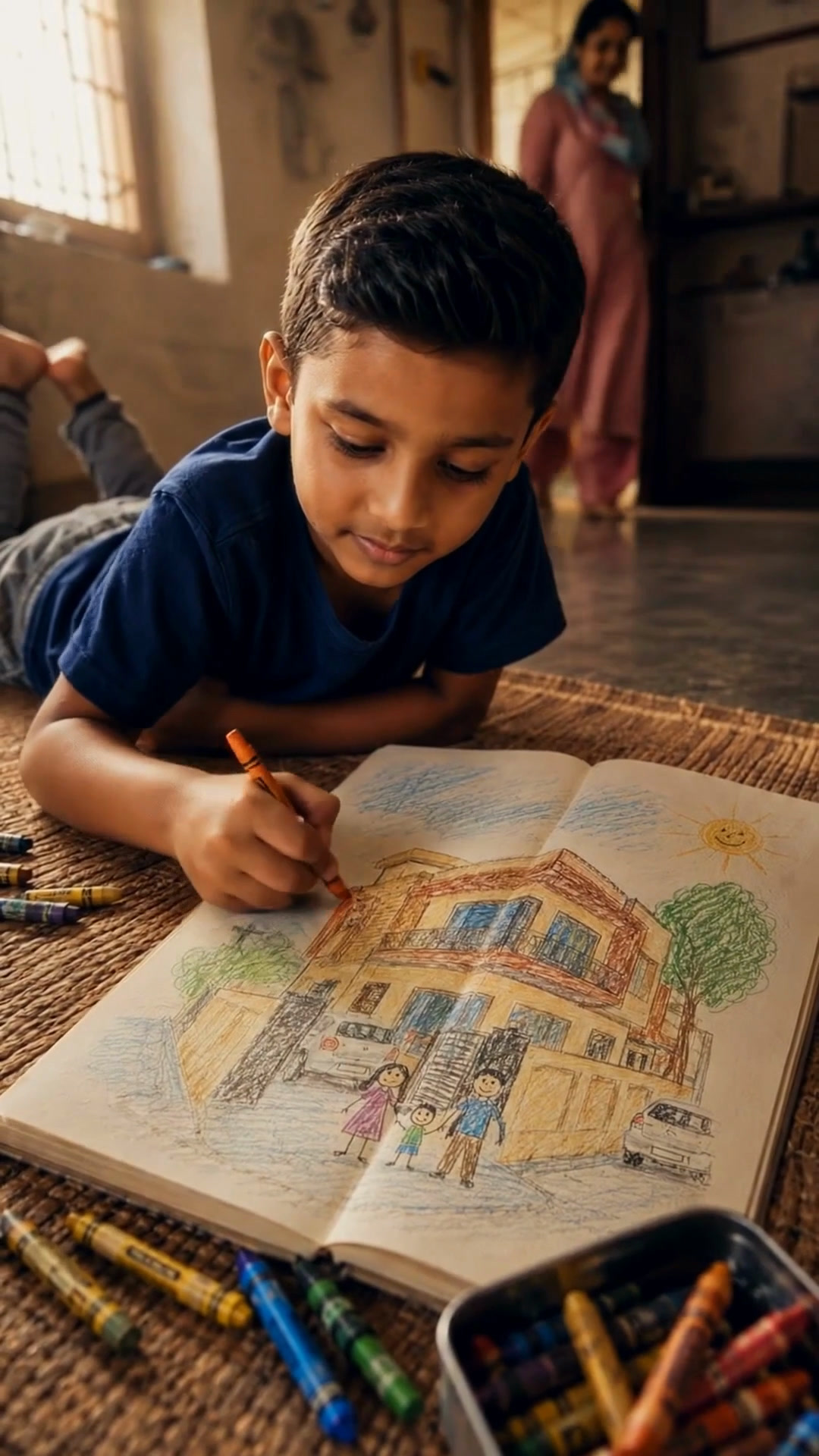 A boy lies on a mat drawing his family's future house in crayon, his mother watching from the doorway.