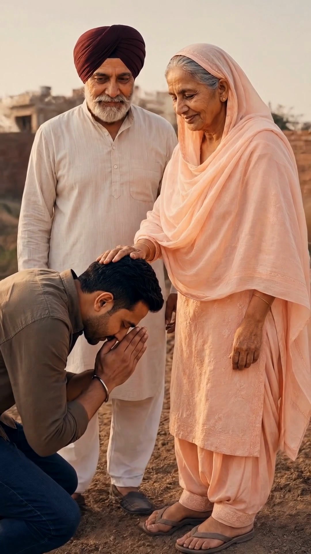 A son bows to take his parents' blessing at dusk, the mother's hand resting on his head.