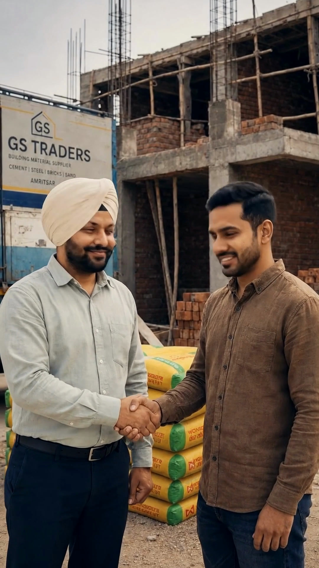 A handshake in front of the GS Traders truck and stacked Wonder Cement bags at the building site.