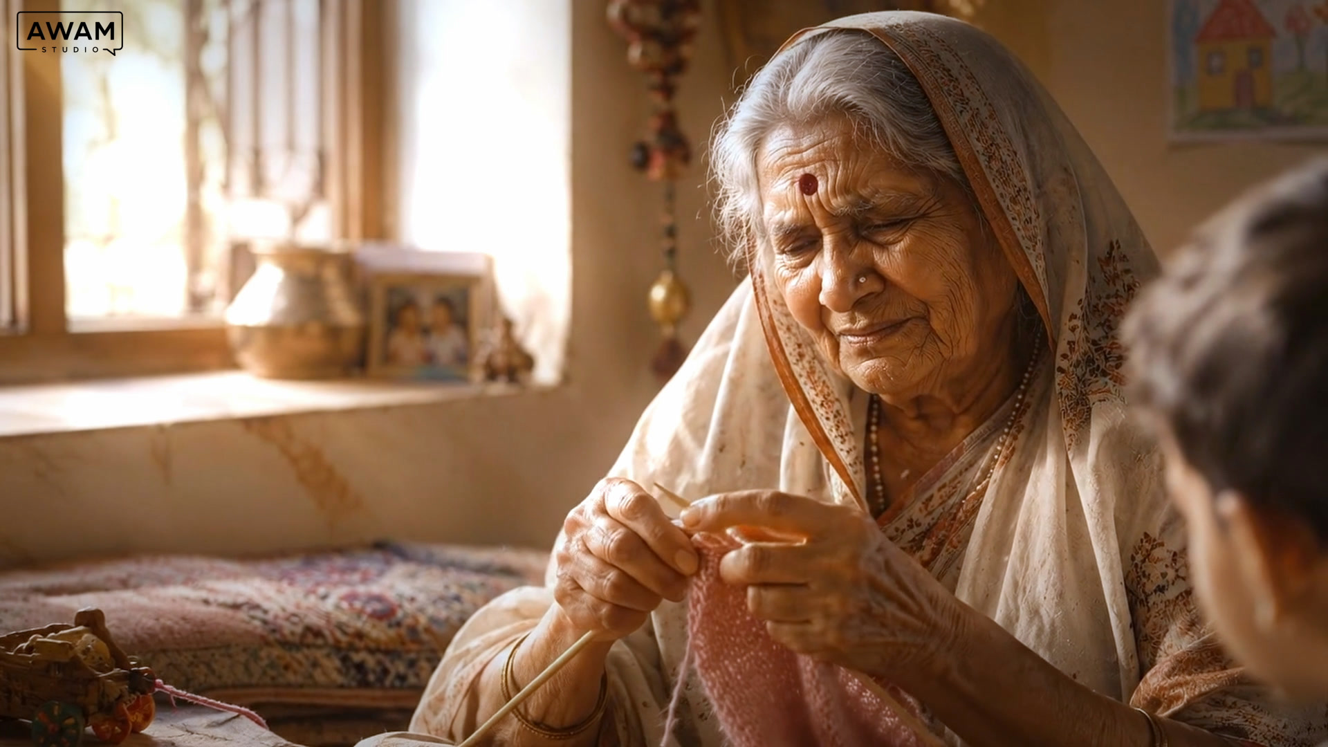 An elderly woman knits by warm window light, squinting at the stitch.