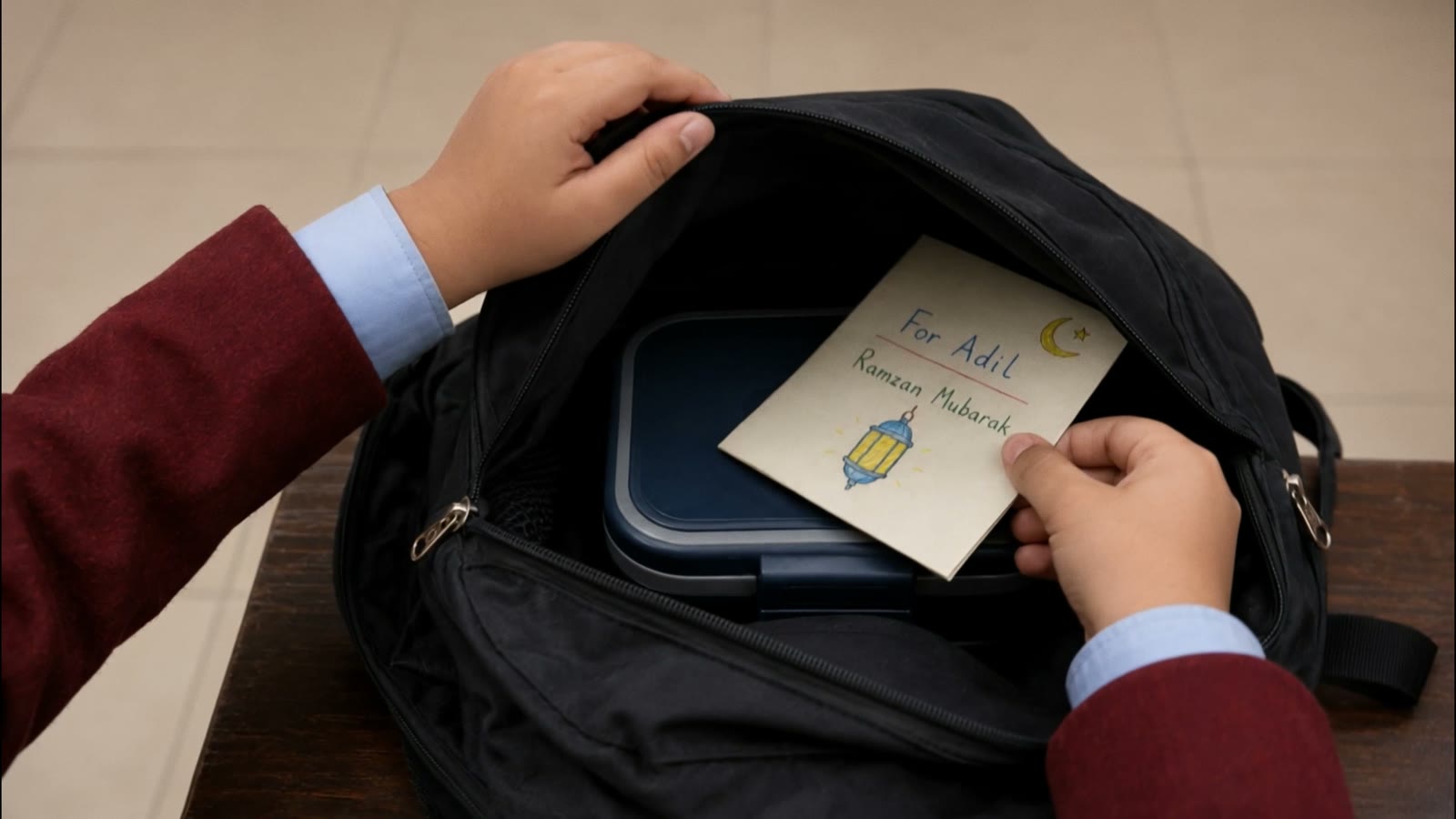 A hand-lettered card reading "For Adil · Ramzan Mubarak", a lantern drawn beside the words, being slipped into a school backpack.