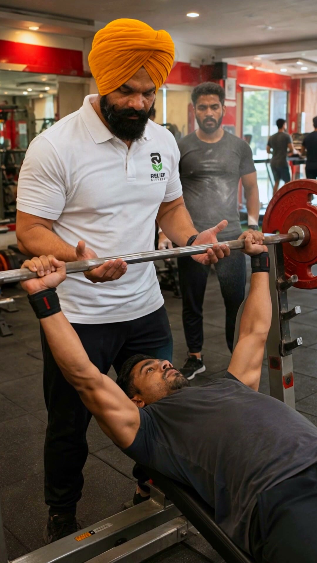 A trainer spots a heavy bench press under the red gym lights, both hands framing the loaded bar as the lifter drives it up.