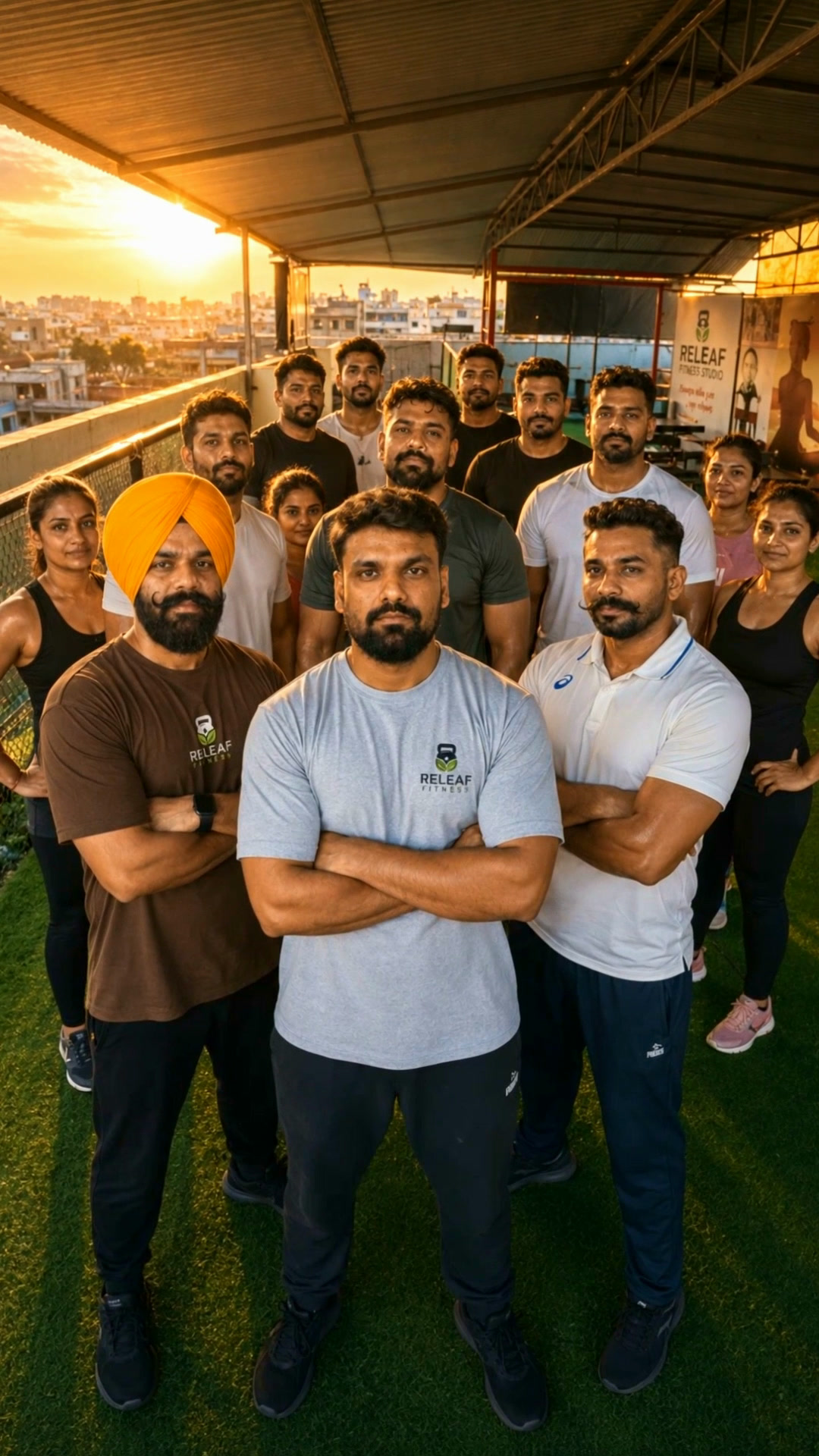 The Releaf Fitness team stands together on the golden rooftop terrace at sunset.